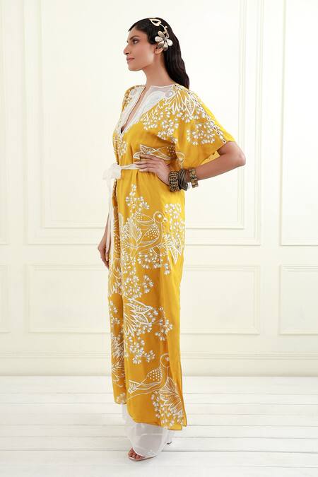 EK Soot_Gold Silk Mirrors, Embroidery Split V-neck Kaftan Jumpsuit _Online_at_Aza_Fashions