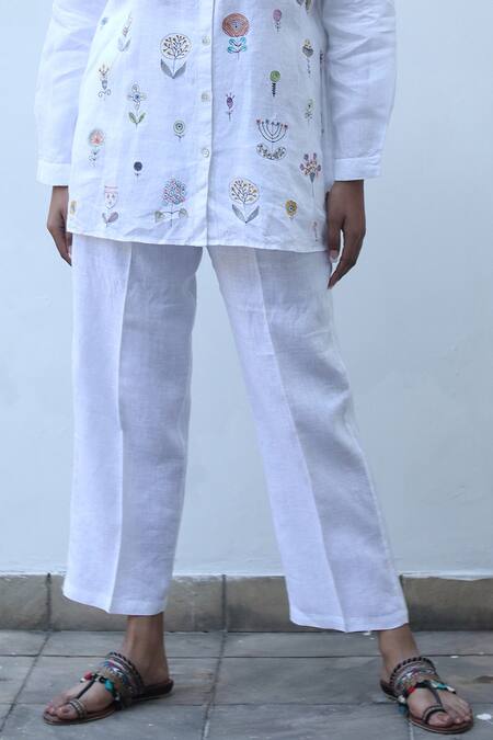 Linen Bloom_White Linen Straight Pant  _Online_at_Aza_Fashions