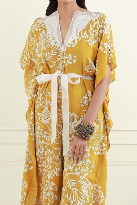Buy_EK Soot_Gold Silk Mirrors, Embroidery Split V-neck Kaftan Jumpsuit _Online_at_Aza_Fashions