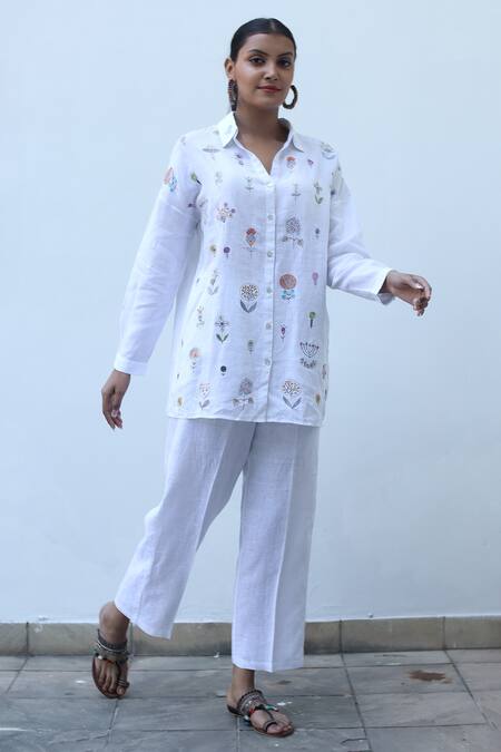 Linen Bloom_White Linen Embroidery Collared Floral Shirt _Online_at_Aza_Fashions