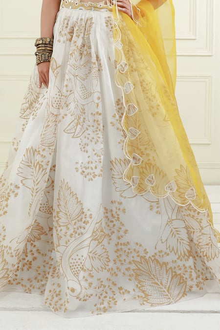 EK Soot_Off White Organza Printed Floral V Neck Pleated Lehenga Set _Online_at_Aza_Fashions