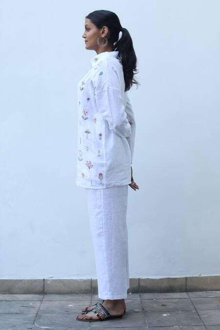 Buy_Linen Bloom_White Linen Embroidery Collared Floral Shirt _Online_at_Aza_Fashions