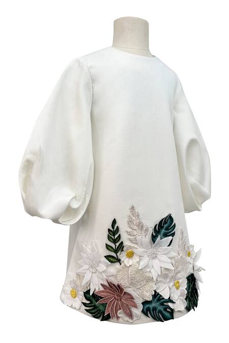 Buy_Jasmine And Alaia_White Cotton Satin Embroidery Calmin Placed Floral Applique Dress_Online_at_Aza_Fashions