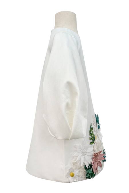 Shop_Jasmine And Alaia_White Cotton Satin Embroidery Calmin Placed Floral Applique Dress_Online_at_Aza_Fashions