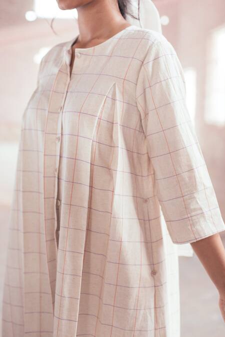 Itr By Khyati Pande_Off White Cotton Round Neck Petunia Hand Block Print Shirt Dress_Online_at_Aza_Fashions