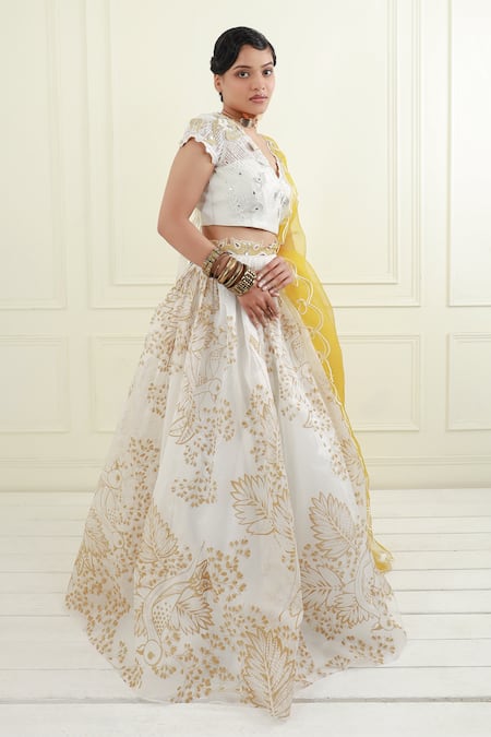 EK Soot_Off White Organza Printed Floral V Neck Pleated Lehenga Set _at_Aza_Fashions