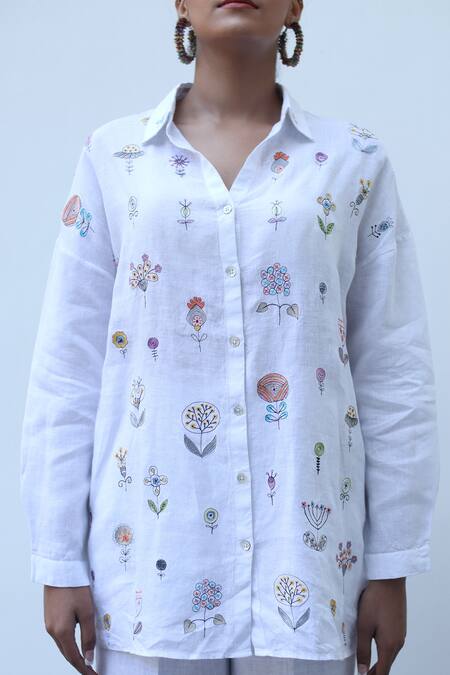 Shop_Linen Bloom_White Linen Embroidery Collared Floral Shirt _Online_at_Aza_Fashions