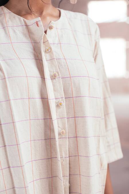 Buy_Itr By Khyati Pande_Off White Cotton Round Neck Petunia Hand Block Print Shirt Dress_Online_at_Aza_Fashions