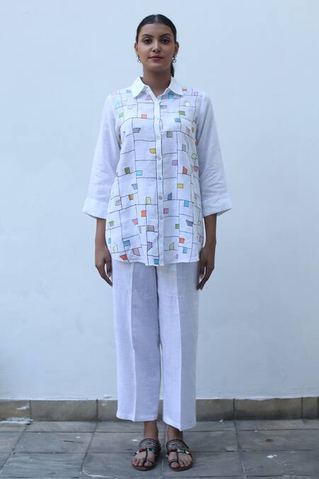 Linen Bloom_White Linen Embroidery Collared Checkered Shirt _Online_at_Aza_Fashions
