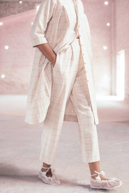 Shop_Itr By Khyati Pande_Off White Cotton Round Neck Petunia Hand Block Print Shirt Dress_Online_at_Aza_Fashions