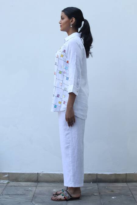 Buy_Linen Bloom_White Linen Embroidery Collared Checkered Shirt _Online_at_Aza_Fashions