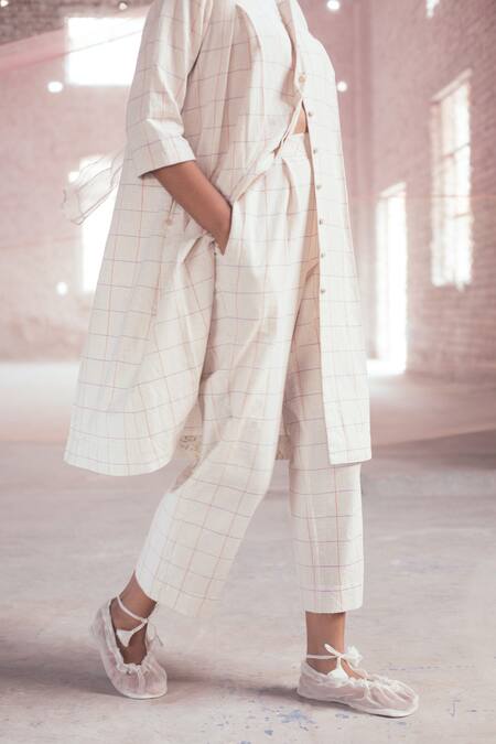 Itr By Khyati Pande_Off White Cotton Round Neck Petunia Hand Block Print Shirt Dress_at_Aza_Fashions