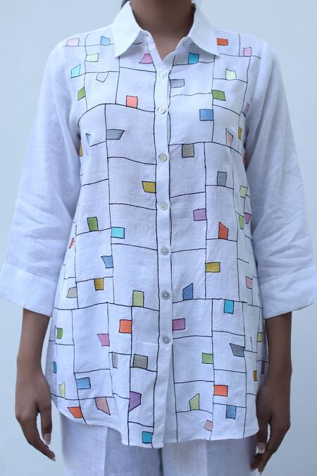 Shop_Linen Bloom_White Linen Embroidery Collared Checkered Shirt _Online_at_Aza_Fashions