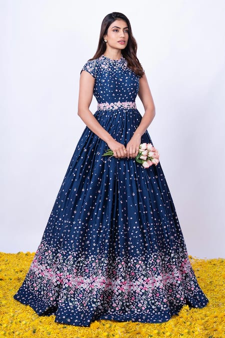 Label Priyanka Kar_Blue Cotton Satin Printed Floral Patterns High Neck Gown _Online_at_Aza_Fashions