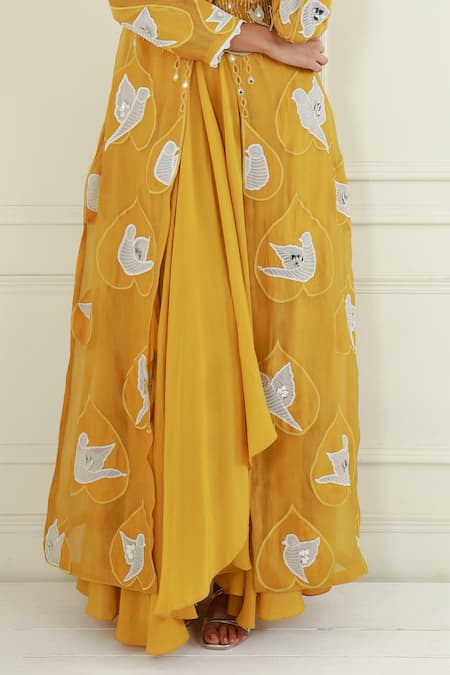 EK Soot_Gold Silk Embroidered Resham Thread Round A-line Jacket Skirt Set _Online_at_Aza_Fashions