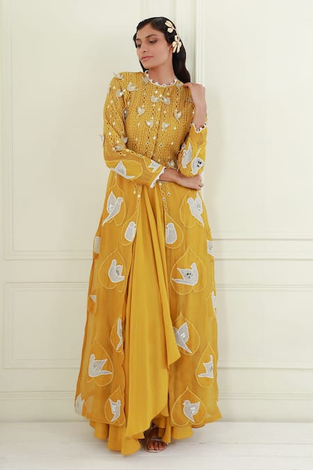 Buy_EK Soot_Gold Silk Embroidered Resham Thread Round A-line Jacket Skirt Set _Online_at_Aza_Fashions