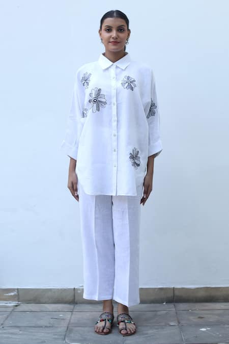 Linen Bloom_White Linen Embroidery Collared Floral Shirt _Online_at_Aza_Fashions