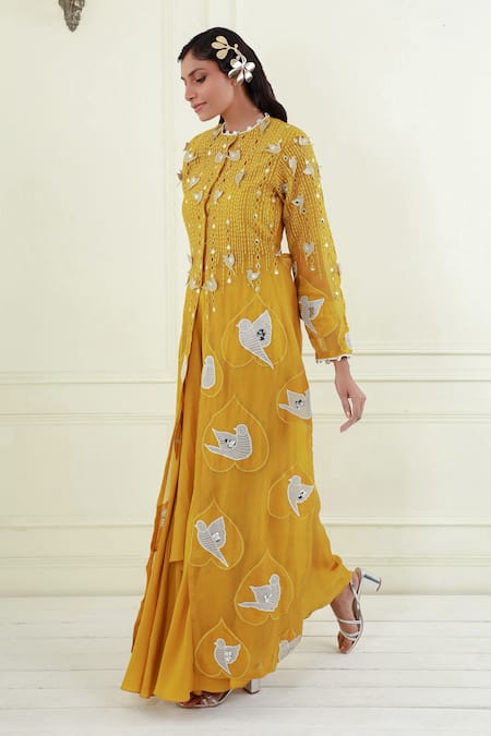 Shop_EK Soot_Gold Silk Embroidered Resham Thread Round A-line Jacket Skirt Set _Online_at_Aza_Fashions