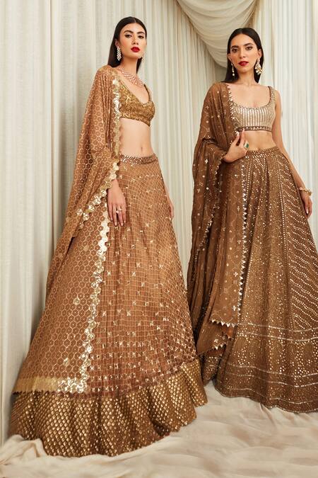 Sawan Gandhi_Brown Georgette Embellished Floral Paisley Pattern Chikankari Bridal Lehenga Set_Online_at_Aza_Fashions