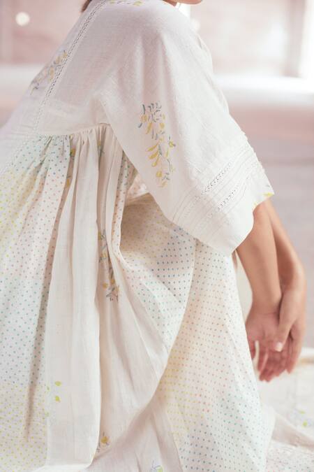 Itr By Khyati Pande_Off White Handloom Cotton, Silk Floral Polka Dot Hand Block Print A-line Dress_Online_at_Aza_Fashions