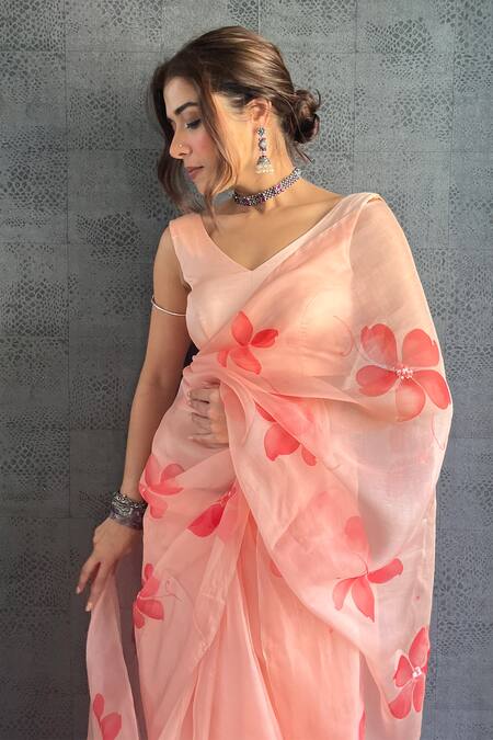 Meghstudio_Peach Organza, Modal, Silk Sequins, Fabric Embroidered And Hand Painted Saree _Online_at_Aza_Fashions
