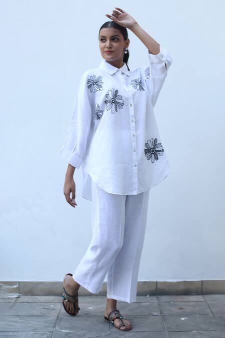 Buy_Linen Bloom_White Linen Embroidery Collared Floral Shirt _Online_at_Aza_Fashions