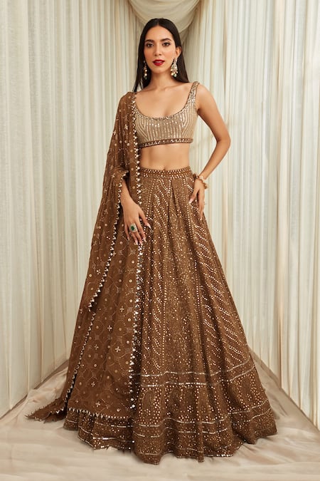 Buy_Sawan Gandhi_Brown Georgette Embellished Floral Paisley Pattern Chikankari Bridal Lehenga Set_Online_at_Aza_Fashions