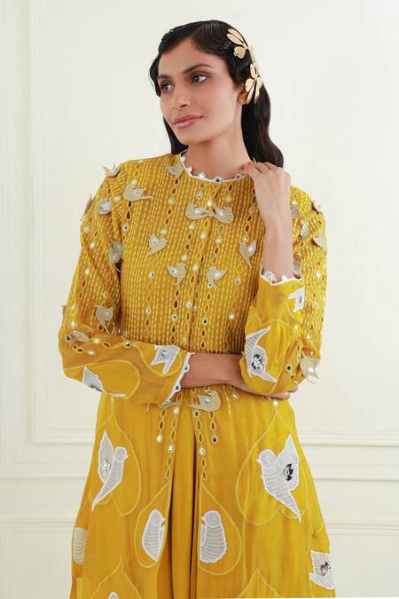 EK Soot_Gold Silk Embroidered Resham Thread Round A-line Jacket Skirt Set _at_Aza_Fashions