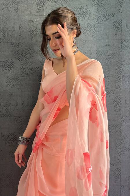 Buy_Meghstudio_Peach Organza, Modal, Silk Sequins, Fabric Embroidered And Hand Painted Saree _Online_at_Aza_Fashions