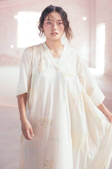 Buy_Itr By Khyati Pande_Off White Handloom Cotton, Silk Floral Polka Dot Hand Block Print A-line Dress_Online_at_Aza_Fashions