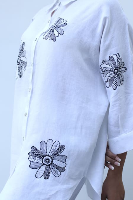 Shop_Linen Bloom_White Linen Embroidery Collared Floral Shirt _Online_at_Aza_Fashions