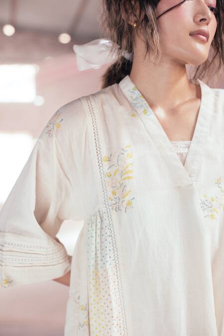Shop_Itr By Khyati Pande_Off White Handloom Cotton, Silk Floral Polka Dot Hand Block Print A-line Dress_Online_at_Aza_Fashions