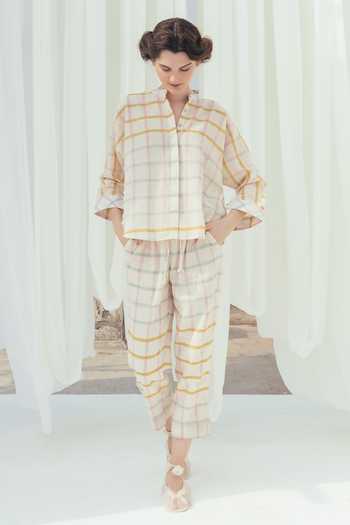 Itr By Khyati Pande_Beige Handloom Cotton Embroidery Round Neck Apricot Handwoven Box Shirt_Online_at_Aza_Fashions
