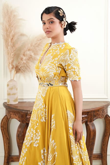 Buy_EK Soot_Gold Crepe Embroidery, Sequins Round Neck Leaf And Flower Print Dress _Online_at_Aza_Fashions