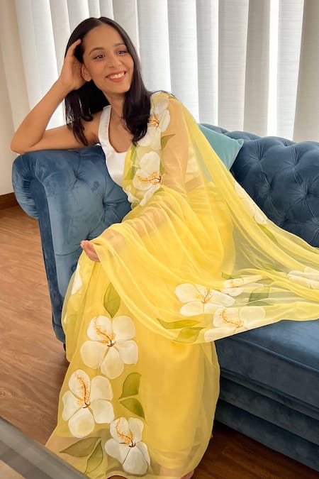 Meghstudio_Yellow Viscose, Modal, Flowers Hand Painted Saree With Unstitched Blouse Piece _Online_at_Aza_Fashions