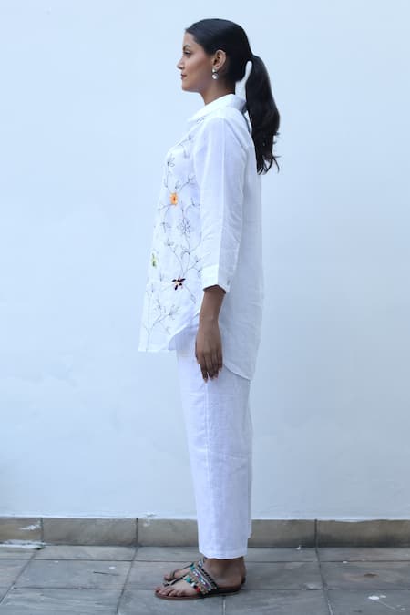 Linen Bloom_White Linen Pearls V-neck, Collared Floral Embroidered Shirt _Online_at_Aza_Fashions