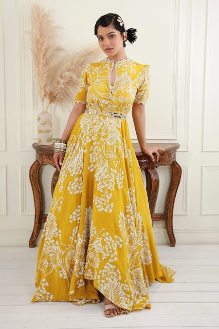 Shop_EK Soot_Gold Crepe Embroidery, Sequins Round Neck Leaf And Flower Print Dress _Online_at_Aza_Fashions