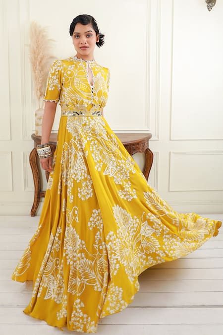 EK Soot_Gold Crepe Embroidery, Sequins Round Neck Leaf And Flower Print Dress _at_Aza_Fashions