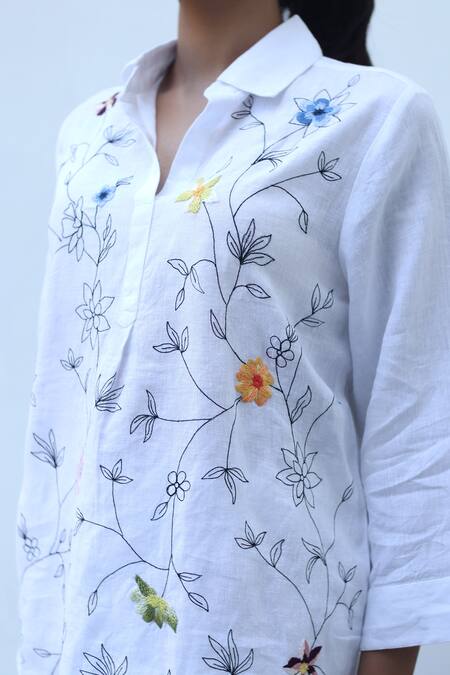Shop_Linen Bloom_White Linen Pearls V-neck, Collared Floral Embroidered Shirt _Online_at_Aza_Fashions