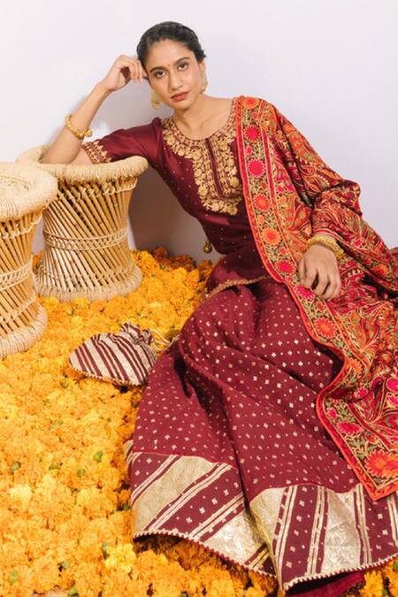 Shrutkirti_Wine Pure 70 Gms Chanderi Woven Geometric Round Lehenga Set _Online_at_Aza_Fashions