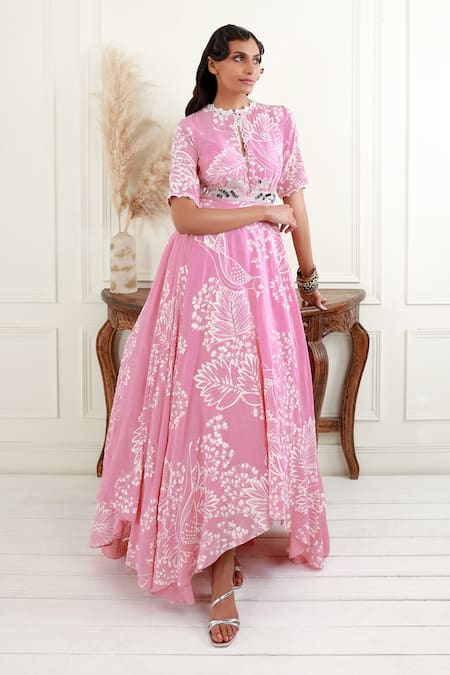 EK Soot_Pink Crepe And Embroidery Floral Leaf Asymmetric Hem Dress  _Online_at_Aza_Fashions