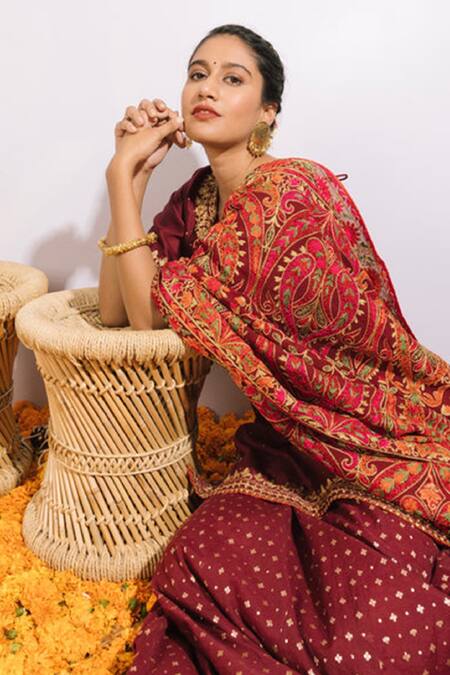Shop Shrutkirti Wine Pure 70 Gms Chanderi Woven Geometric Round Lehenga Set Online at Aza Fashions Shop_Shrutkirti_Wine Pure 70 Gms Chanderi Woven Geometric Round Lehenga Set _Online_at_Aza_Fashions