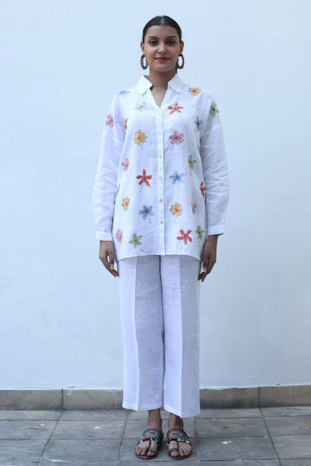 Linen Bloom_White Linen Embroidery Collared Flower Shirt _Online_at_Aza_Fashions