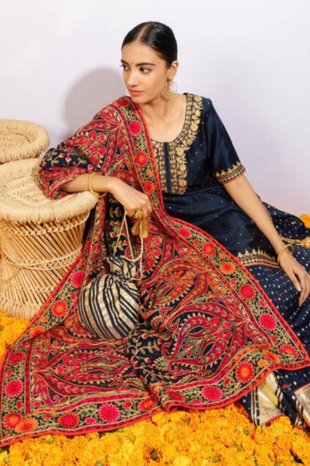 Buy_Shrutkirti_Blue Pure 70 Gms Chanderi Woven Geometric Round Lehenga Set _Online_at_Aza_Fashions