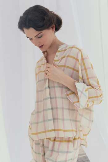 Buy_Itr By Khyati Pande_Beige Handloom Cotton Embroidery Round Neck Apricot Handwoven Box Shirt_Online_at_Aza_Fashions