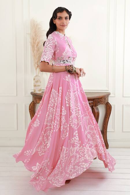 Buy_EK Soot_Pink Crepe And Embroidery Floral Leaf Asymmetric Hem Dress  _Online_at_Aza_Fashions