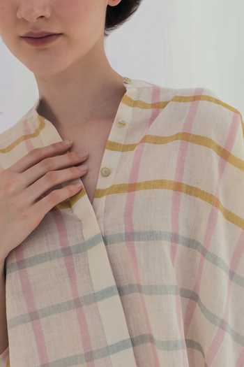 Shop_Itr By Khyati Pande_Beige Handloom Cotton Embroidery Round Neck Apricot Handwoven Box Shirt_Online_at_Aza_Fashions