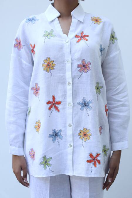 Buy_Linen Bloom_White Linen Embroidery Collared Flower Shirt _Online_at_Aza_Fashions