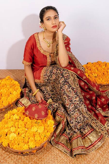 Shop_Shrutkirti_Maroon 71 Gms Pure Chanderi Embroidery Zari Round Paisley Print Lehenga Set_Online_at_Aza_Fashions