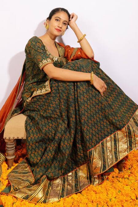Shrutkirti_Green Cotton Printed Ajrakh Round Floral Top Lehenga Set _Online_at_Aza_Fashions